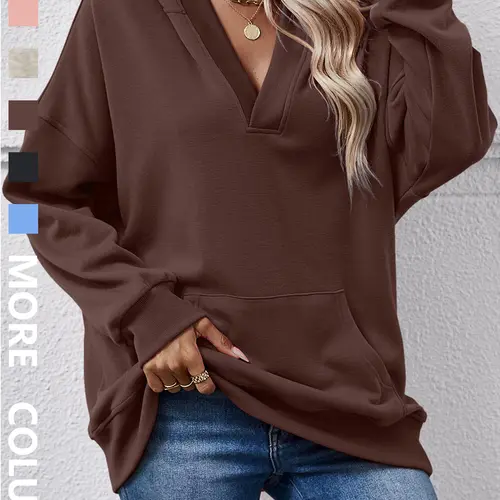 Women's Casual Minimalist Hooded Sweatshirt with Kangaroo Pocket, Loose-Fit Long-Sleeve Pullover Hoodie, Warm Basic Streetwear for Fall & Winter Daily Wear