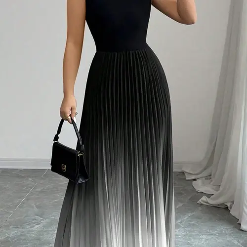 Mock Neck Sleeveless Fitted Vest Pleated Tie Dye Ombre Gradient, Stylish Women's Casual Wear, Perfect for Daily Wear, Comfortable and Trendy Design, Casual Summer Dresses