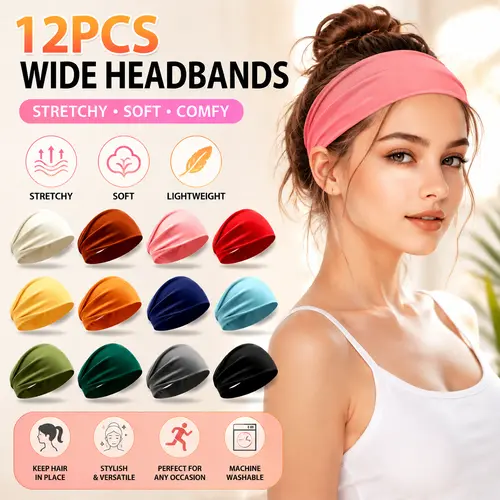 Women's Universal 12-Pack No-Slip Elastic Fashion Headband Set, Polypropylene Sports Headbands for Workout & Daily Use, Accessories for Women & Gym Accessories