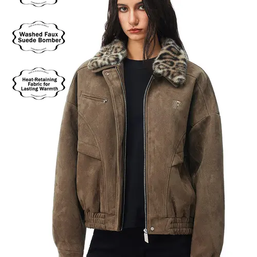 FDR Barn Jacket with Detachable Leopard Fur Collar for Men & Women | Heavyweight Zip Up Faux Suede Bomber Jacket Loose Fit Casual Minimalist Outerwear Oversized Brown Top #TikTokShopBackToSchool