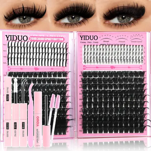 4 Styles Eyelash Cluster Kit Bottom/Spiky/200D/300D Volume Lash Clusters Kit 5-20mm 420Pcs Volume D-Curly Eyelash Glue Extension Eyelash Extensions Kit with Lash Bond and Seal Tweezers Remover Diy Lash Tools DIY at Home Easily False Lash Extensions