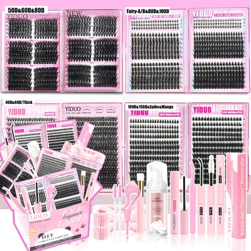 YIDUO 13-Style Eyelash Clusters Kit (Volume 40D-150D & Bottom Lashes), 2102pcs Lash Clusters Extension Kit, Individual Lash Extensions, Siren Lashes, Eyelash Extension Set with Bond & Seal, for Beginners & Professionals, Eyelashes Clusters Kit