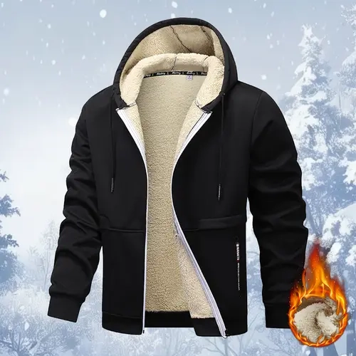 Men's Plus Size Solid Color Fleece Lined Zip-Up Hoodie Jacket Casual Warm Lambswool Coat with Letter Pattern Drawstring & Side Pockets Perfect Gift for Boyfriend or Husband Autumn Winter cotton sohochic