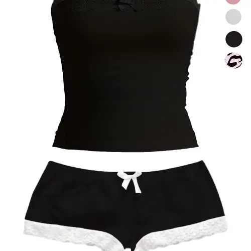 Women's Lace Crop Top Shorts Set with Bow Decor, Y2K Style, Slim-Fitting, Plain Colorblock Design, Short Length, Perfect for Casual Wear, Feminine