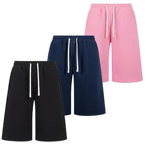 Men’s Basic H-Type Knit Capri-Style Wide-Leg Shorts, Elastic Waistband with Drawstring, Adjustable Fit, Solid Color, Soft Comfortable, Pockets, Suitable for Casual/Athletic Wear, Available in Pink (Pairs with Sneakers)/Beige