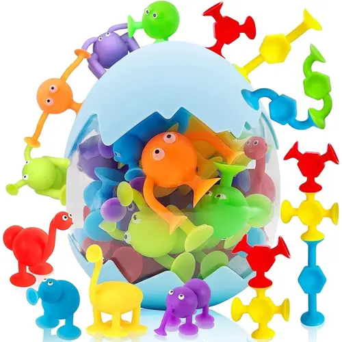 27pcs Silicone Sucker Building Toys for Kids - Animal Forms, Geometry Shapes, Portable Bath/Window/Water Table Play Toys, Eggshell Storage, Party Favor Gift for 3-6 Year Old Boys Girls Travel Sensory Fidgets,sohochic