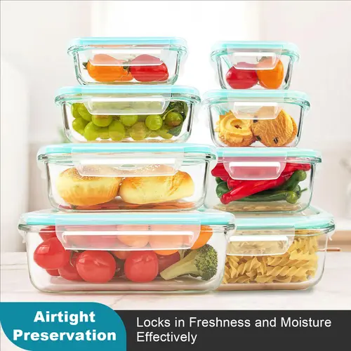 Premium Glass Food Storage Containers 8 Pack Stackable Square Design with Airtight Lids Green Rectangle Safe for Oven Microwave Freezer High Temperature Durable Kitchen Utensils#Summervibes，homeessentials