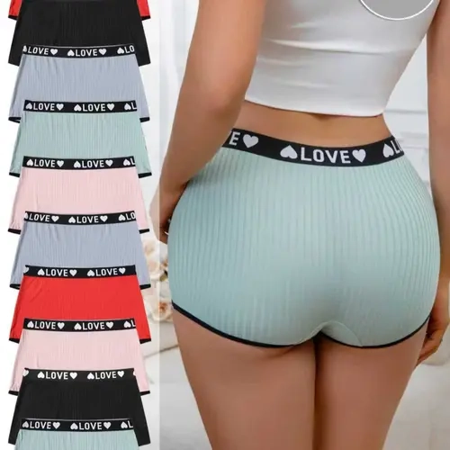 Women's Coarse Ribbed Underwear Set, Love Belt Design, Comfortable Breathable Fabric, Casual Fitted Style, Natural Waist, All Seasons, Panties, Fashion Breathable Underwear