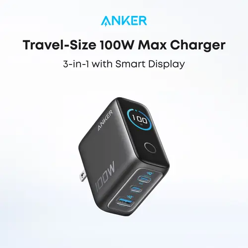 Anker 100W Max USB-C GaN Mobile Phone Charger - 3-Port Ultra-Compact Fast Charger with Smart Display, Touch Control, Fold-Plug Travel Design, Included USB-C Cable for MacBook, iPad, iPhone 17/16 Series