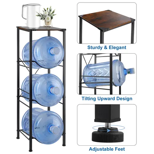 3-Tier / ‌4-layer  Water Bottle Holder - Black Wood Top Metal Frame Floor Standing Shelf, Sturdy, Durable, Adjustable, Space Saver, Easy Assembly, Modern Kitchen Home Organizer, 5 Gal Jug Storage Organization Stand