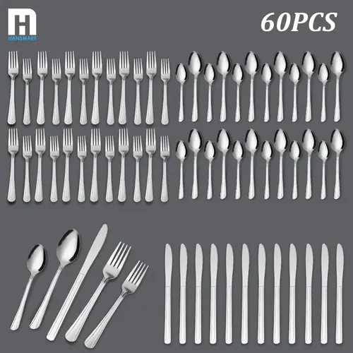 60pc Dominion Stainless Steel Combo Cutlery Tableware Set - Halloween-Friendly, Modern Stripe Pattern, Everyday Home & Party Use, Reusable, Dishwasher Safe, Boxed Housewarming Gift for Kitchen