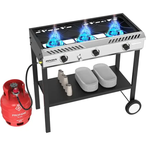 ROVSUN 2/3-Burner Zone Outdoor Propane Burner with Ignition System & Regulator, 150000/225000 BTU High-Output Portable Gas Stove, Portable Kitchen Stand Cooker for Backyard Camping, 2/3 Burner Zones