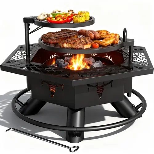 BALI OUTDOORS Game Day  37.5" Hexagon Fire Pit with BBQ Grill Outdoor Fire Pit for Wood Burning Patio Firepits with Adjustable Grilling Plates and Charcoal Tray