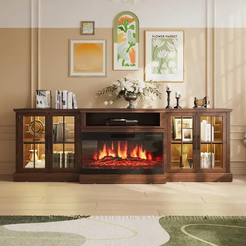 98-in Farmhouse TV Stand with 36-in Fireplace (Fits TVs Up to 100-in), Living Room Media Entertainment Center with Adjustable Shelves & Large Storage Cabinets (Ships in 3 Packages), Tv Stand Living Room, Entertainment Tv Stand