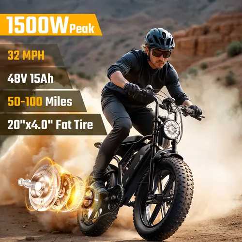 【TST Ebike】Electric Bike | Peak Power 1500W | Full Suspension | Top Speed 32 MPH | Range 40-70 Miles | 48V 18Ah Removable Battery | 2-Seater Design | LED Headlights | 20-Inch All-Terrain Fat Tires | UL 2849 Certified,camping essentials
