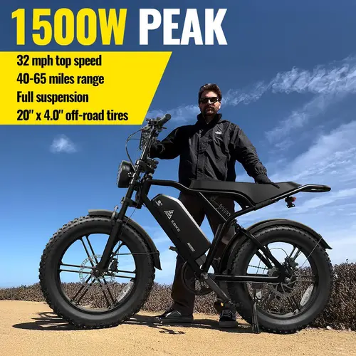 TST R002 Adult Classic Ebike - 1500W Peak Brushless Motor, 20" Burst-Proof Fat Tire All-Terrain Electric Dirt Bike, 48V 15/25AH Fast-Charging Battery, 60/110 Mi Range, 28MPH Electric Motorcycle for Road, Mountain