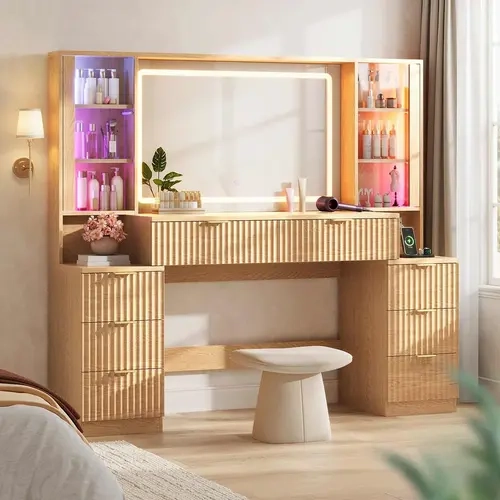 Sikaic 59.1" Large Makeup Vanity Desk with Mirror, Fluted Wood Vanity Table with Sound Sync LED Lights, 8 Drawers & Charging Station, Modern Dressing Table for Women & Girls, Oak