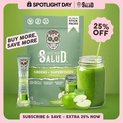 Salud 2-in-1 [Greens + Superfoods - Green Apple] Daily Greens Drink Mix,Agua Fresca,  Gut Health & Bloating Support, Probiotics & Prebiotics, Vegan, Non-GMO, Easy-to-Drink Greens Powder (15 Servings)