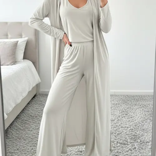 Women's Solid Color Three-piece Set, Casual Open Front Long Sleeve Outerwear & Sleeveless Top & Wide Leg Pants Set for Daily Wear, Ladies Clothes for All Seasons