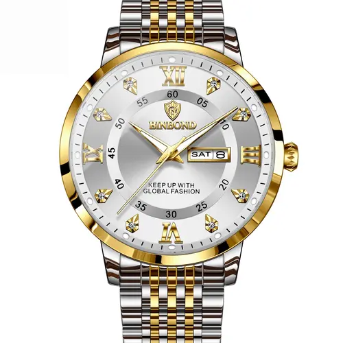 Men's Binbond Waterproof Luminous Watch, Quartz Wristwatch, Analog Watches, Dual Date and Week Display, Trendy Fashion Timepiece