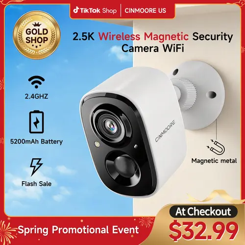 【Big SALES】CINMOORE Outdoor/Indoor Magnetic wireless Camera 2.5K free install Smart Garage 2.4G WI-FI Security Camera – HD Video, Night Vision, Motion Detection, Magnetic, Wi-Fi, Two-Way Audio, Smartphone Control Lens, Wifi Security Camera, Home Monitorin