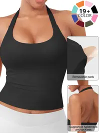 Women's Solid Removable Chest Pad Sports Tank Top, Comfort and Durability Halter Neck Sports Top for Yoga Gym Workout, Ladies Sportswear for All Seasons, Backless Sports Vest, Activewear Clothes