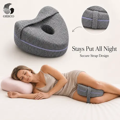 GEECO Ergonomic Memory Foam Knee Positioner Cushion - Breathable Cooling Foam, Strap-In Flexible Straps, Washable Cover, Side Sleeper Comfortable Sleep, Ease Pressure Back Pain Relief, Heart-Shaped Hip Alignment Support, Grey,sohochic
