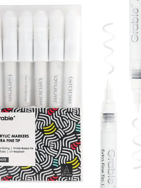 Grabie White 0.7mm Extra Fine Point Acrylic Markers Set of 6 - Art Marker Pen with Safe Premium Formula, Quick-Drying, Long-Lasting Highlights, Smooth Opaque, UV-Resistant, Water-Resilient for Office Stationery Writing & Correction, Painting, Indoor Use,