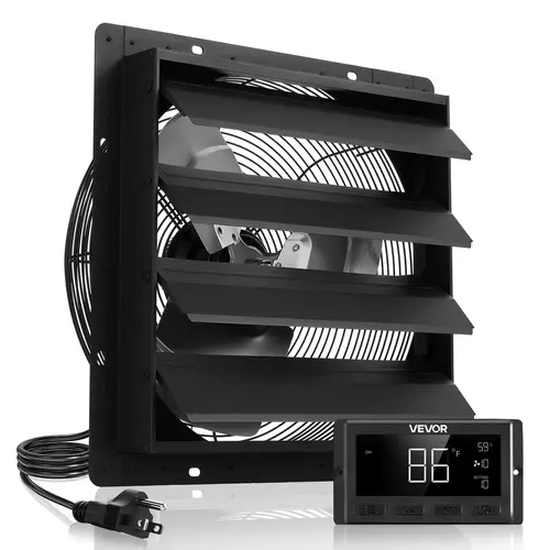 VEVOR 16 In Wall Mounted Shutter Exhaust Fan, 2900 CFM Flow EC Motor with Automatic Smart Programming, Adjustable Speed, Temperature Control, Timer, Steel Body, Rain Guards, Shutter Opens for Venting, Black for Various Room Types Ventilation Cooling,toolu