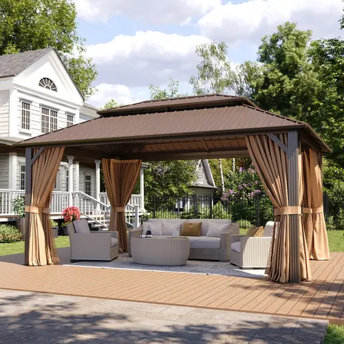 Aoxun Hardtop Gazebo, Galvanized Steel Double Roof Aluminum Frame Outdoor Canopy with Detachable Privacy Curtains & Mosquito Netting for Backyard Patio Garden