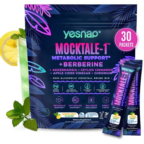 Yesnap MOCKTALE-1 Metabolic Support with Berberine & Akkermansia, Chormium, Cylon Cinamon, Apple Cider Vinegar - 30 Packets Lemon Mint Flavor Non-Alcoholic Cocktail