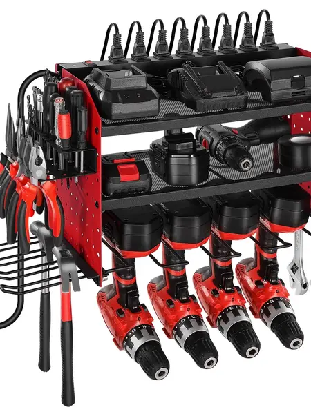 【Summerfinds】VEVOR Carbon Steel Power Tool Organizer with Charging Station, 3-Layer Drill Storage Rack, 4 Drill Holders, Side Pegboard & Hooks, 8-Outlet Power Strips, Powder-Coat Resists Rust, Mounting Kit Included for Garage Workbench Accessories,toolupg