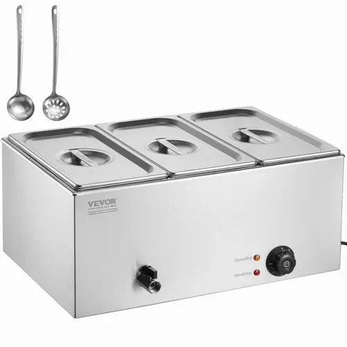 【toolupgrade】VEVOR Commercial Electric Steam Table Food Warmer, 17.4QT 1200W Countertop Stainless Steel Bain Marie, 3 x 1/3-Size Pans, 86-185°F Temp Control, Extra Long-Handled Ladles, Durable Restaurant Equipment for Catering