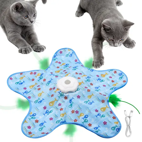 Pentagram Interactive Automatic Motion Hide and Seek Cat Toy - In-Cover Unpredictable 360° Rotation Feather, 3 Speed Modes, Rechargeable, Rainy Days Indoor Exercise Kicker, Hunt Trigger, Prevents Boredom for All Cat Breeds, All Breeds