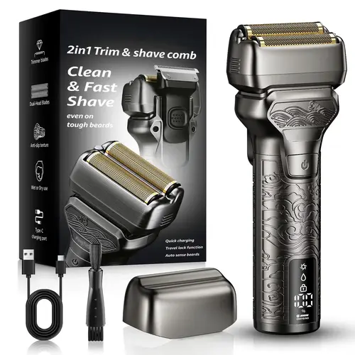 [tiktokshopstockup]SHPAVVER Gladiator Shaver 2 in 1 Electric Shaver & Trimmer for Men – Dual Blade Foil Razor for Wet & Dry Use IPX7 Waterproof Beard Trimmer with LED Display/Metal Handle/Travel Lock/Fast Charging, Metallic Gray Glod sohochic