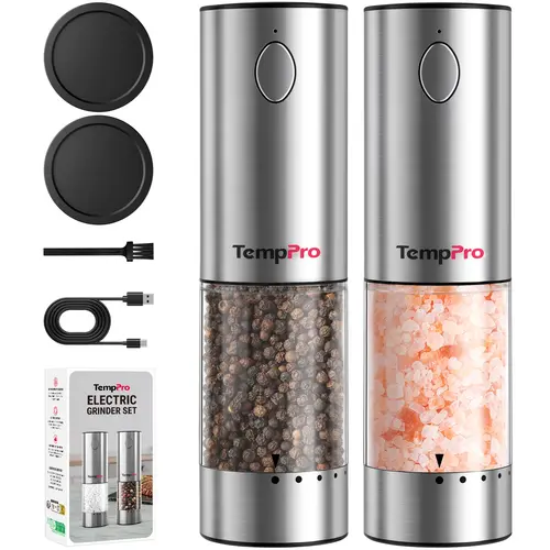 TempPro 2-Piece Rechargeable Electric Salt & Pepper Grinder Set, Stainless Steel Kitchen Seasoning Utensils with Adjustable Grind Levels, LED Light, 1-Hand Op, Large Capacity, Leakproof Moisture-Proof Auto Lid, Home Use Essential (APG710-2), One-Hand Op.