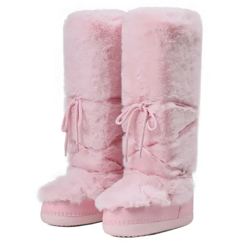 AOSPHIRAYLIAN Women's Plain Faux Fur Knee-High Snow Boots - Plush Lined, Ruched Drawstring Fit, Cozy Fur Wrap, Heat-Trapping, Rubber Sole, Non-Slip Casual Winter Walking Footwear, Round Toe, Romantic Look