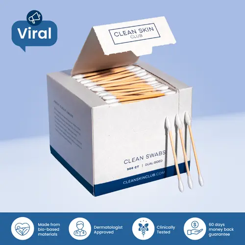 Clean Skin Club Clean Swabs 500CT Dual-Sided Precision Tip Biodegradable Organic Cotton & Bamboo Chlorine-Free Hypoallergenic Makeup & Nail Polish Touch-ups
