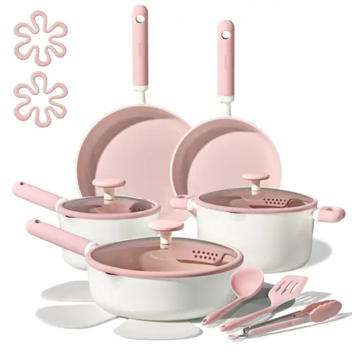 [Official] CAROTE 17pcs Macaron Pink/Green/Yellow/Blue Ceramic Cookware Set, Non Toxic Pure White/Pink Pots and Pans Set Nonstick, All Stovetops Compatible