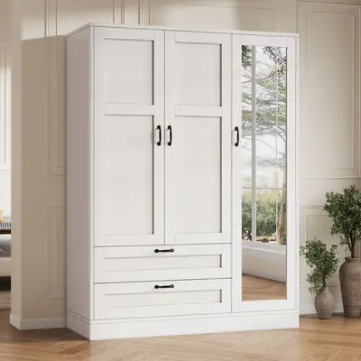 FUSOU 5-in-1 Wardrobe Closet Organizer - Freestanding White Wood Armoire with Full-Length Mirror, 2 Drawers, Adjustable Shelves, Furniture for Small Spaces, Bedroom Storage, Small Room Ideas [Shipped in 2 Packages]