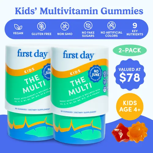 First Day Kids Multivitamin Gummies Ages 4-12 (2 Pack), Natural Strawberry Orange Flavor — 21 Organic Superfoods, 9 Key Nutrients, Vitamin C D3 B12 Folate — Immunity, Healthy Growth, Energy, Picky Eater Approved — 60-Day Supply, Vegan, Non-GMO, No Junk He
