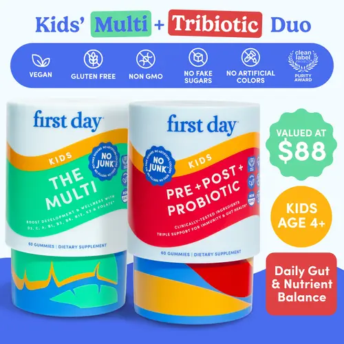 KID'S DUO & SAVE (2-PK) - FIRST DAY Kids Multivitamin + 3-in-1 Tribiotic Gummies Daily Healthy Duo – Prebiotic + Probiotic + Postbiotic for Immune, Brain, & Gut Support – Strawberry & Orange Flavor – Vegan, Non-GMO, Clean Ingredients - 30-Day Supply, Diet
