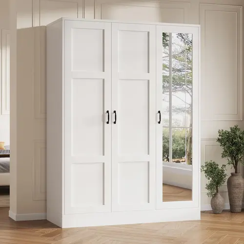 FUSOU Modern White Wood 3-Door Wardrobe Closet - Freestanding Storage Furniture with Full-Length Mirror, Adjustable Shelves, Hanging Rod, Clothes Organizer, Ships in 2 Packages for Bedroom Closet Organization