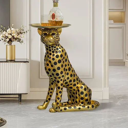 Homary Art Deco Resin Gold Panther Sculpture Metal Gold-Toned High-End Tray Top End Table, Boujee Home Accessories, Room Decor for Living Room, Bedroom Indoor Furniture