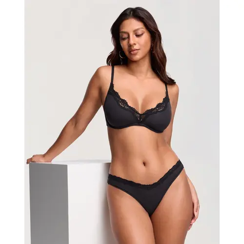 Unlined Plunge Scoop Bra Lace Trim Balconette Sexy Underwire Demi Bras Deep V