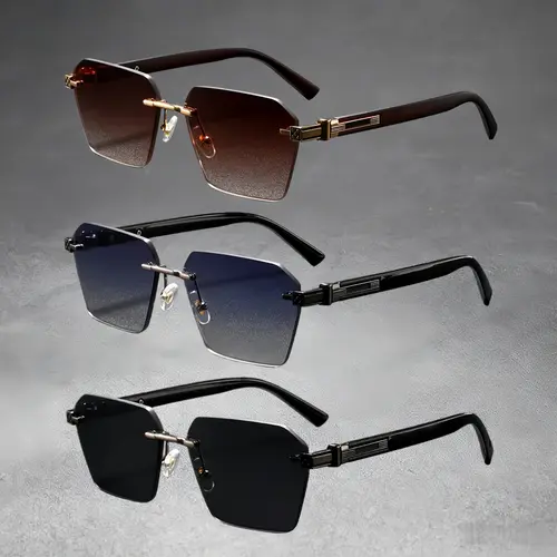 Men's 3-Pack Trendy Styling Square Sunglasses, UV400 Lenses, Rimless-Open Frame, Gradient-Dark Tints, Gold-Toned Aesthetic Design - Fashion Accessory, Festive Party Supply (Home & Party Supplies Category), Trendy Styling Sunglasses
