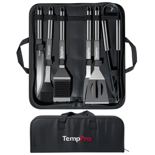 TempPro 6-Piece Heavy-Duty Barbecue Utensils Set - Fork, Grill Brush, Cast Iron Burger Press, Stainless Steel Tools for Home, Outdoor Cooking (AGT700)