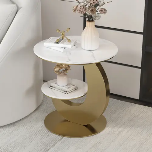 Homary 20" Round Sintered Stone Tabletop 2-Tier Gold Half-Moon Modern Accent Side Table - Living Room Decor, Indoor End Table Furniture