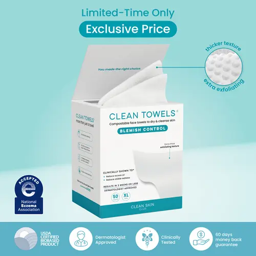 Clean Skin Club Blemish Control Clean Towels® XL, Compostable Face Towels, Light Exfoliation for Oily Skin, Eczema Association Accepted Disposable Face Towelette, Makeup Remover Dry Wipes, 50 count