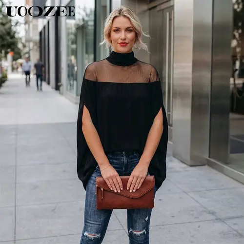 UOOZEE Women's Elegant Comfy Casual High Neck Batwing Long Sleeve Polyester Knit Top - See-Through Loose Fit Blouse, Tops for Women for Minimalist Everyday Wear,back to school,back to school shopping, Turtleneck, Shirts For Women